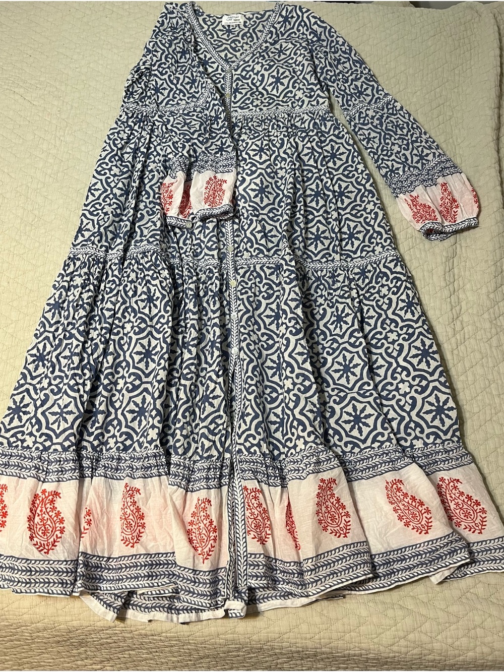 Boho Blue & White Printed Girls' Dress with Red Accent
